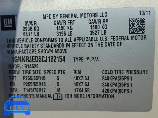 2012 CHEVROLET TRAVERSE 1GNKRJED5CJ182154 image 9