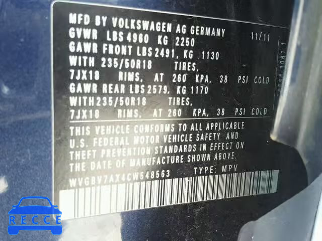 2012 VOLKSWAGEN TIGUAN WVGBV7AX4CW548563 Bild 9