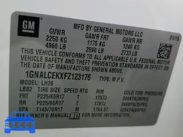 2015 CHEVROLET EQUINOX 1GNALCEKXFZ123176 image 9
