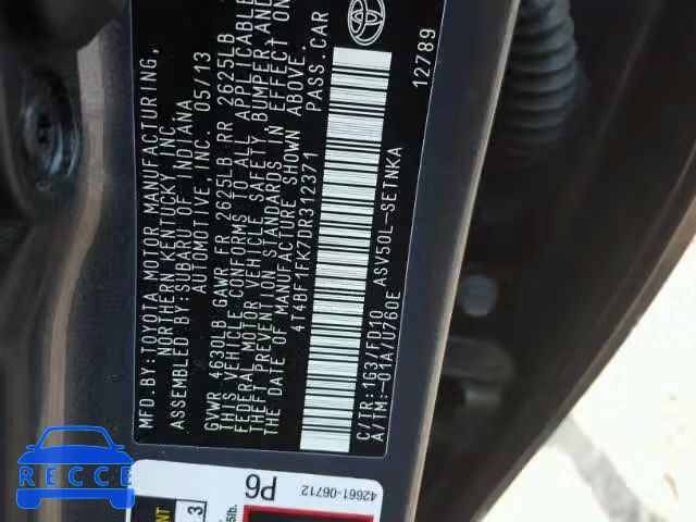 2013 TOYOTA CAMRY 4T4BF1FK7DR312371 image 9
