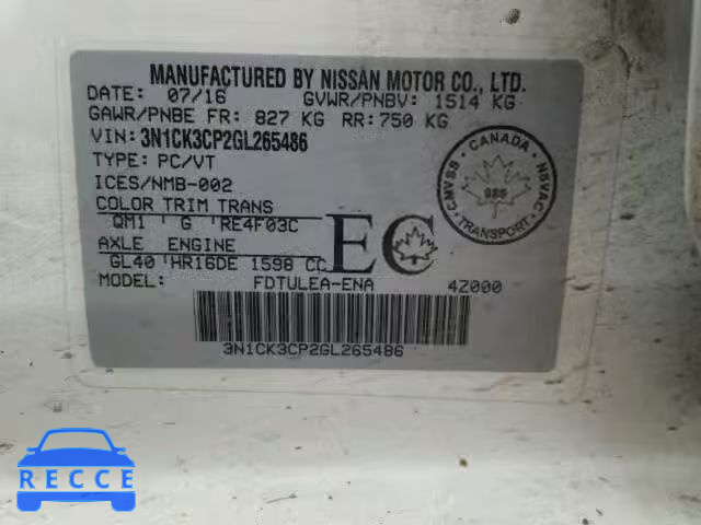 2016 NISSAN MICRA 3N1CK3CP2GL265486 image 9