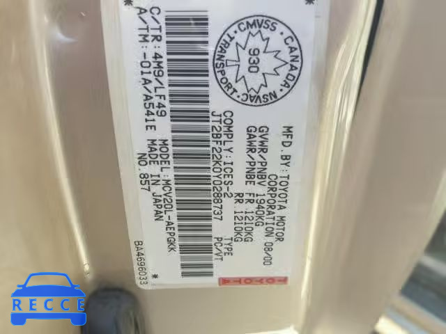 2000 TOYOTA CAMRY JT2BF22K0Y0288737 image 9