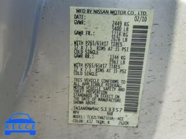 2010 NISSAN XTERRA 5N1AN0NW9AC513357 image 9