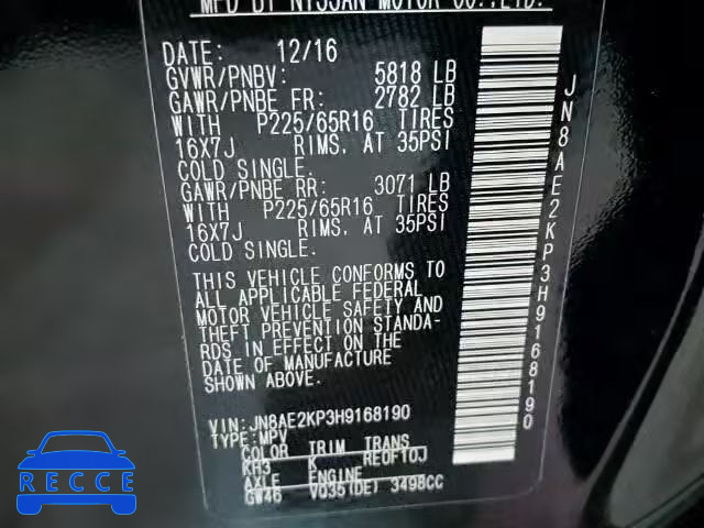 2017 NISSAN QUEST S JN8AE2KP3H9168190 image 9
