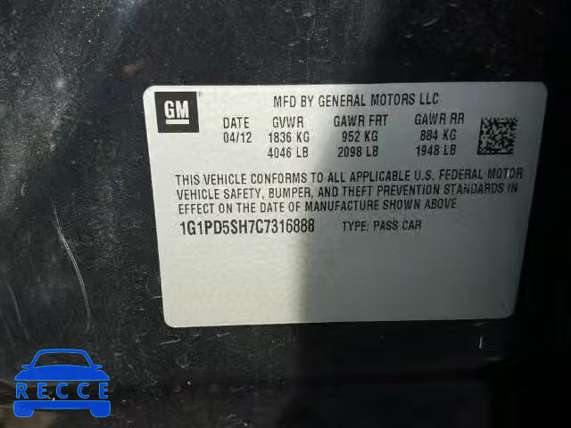 2012 CHEVROLET CRUZE 1G1PD5SH7C7316888 image 9