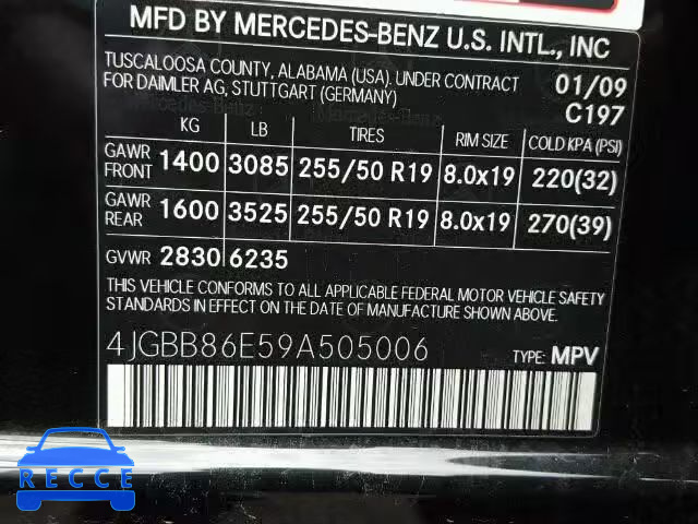 2009 MERCEDES-BENZ ML 4JGBB86E59A505006 зображення 9