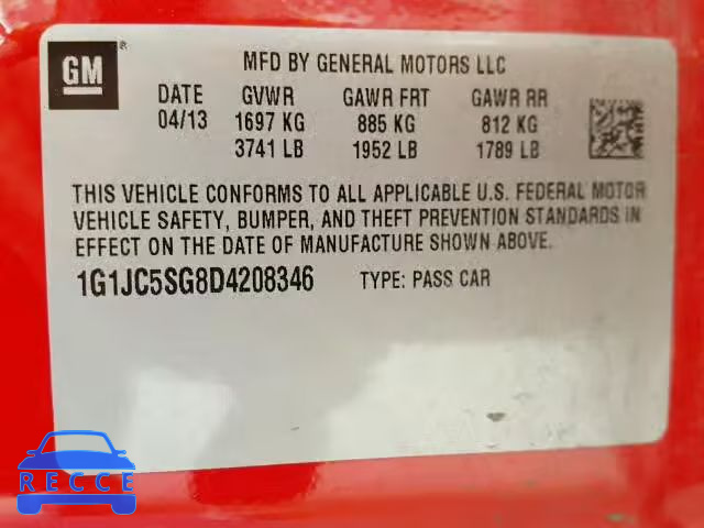 2013 CHEVROLET SONIC 1G1JC5SG8D4208346 зображення 9