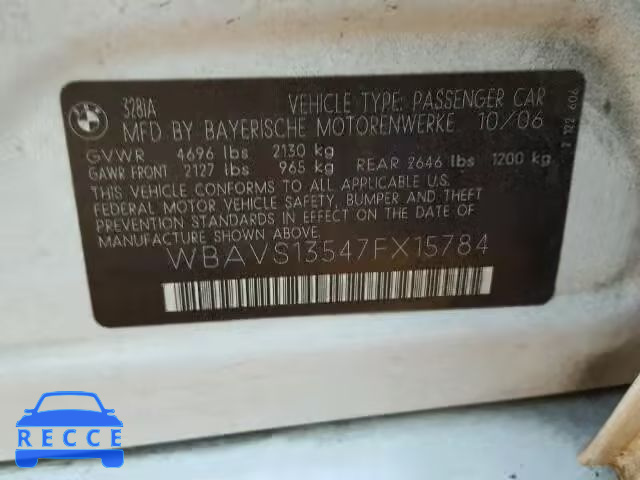 2007 BMW 328 WBAVS13547FX15784 зображення 9