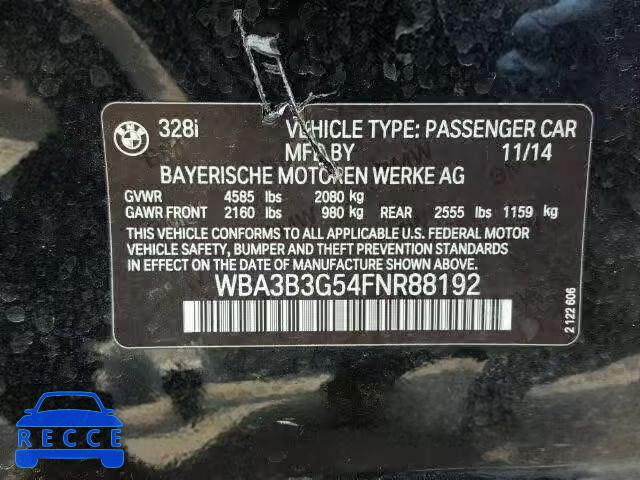 2015 BMW 328 WBA3B3G54FNR88192 зображення 9