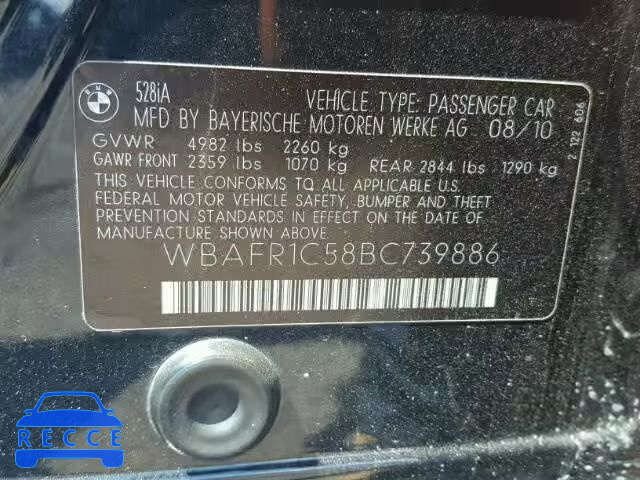 2011 BMW 528 WBAFR1C58BC739886 зображення 9