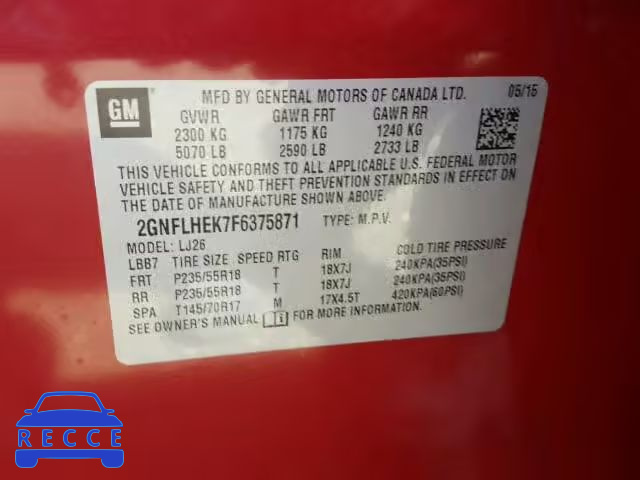 2015 CHEVROLET EQUINOX 2GNFLHEK7F6375871 image 9
