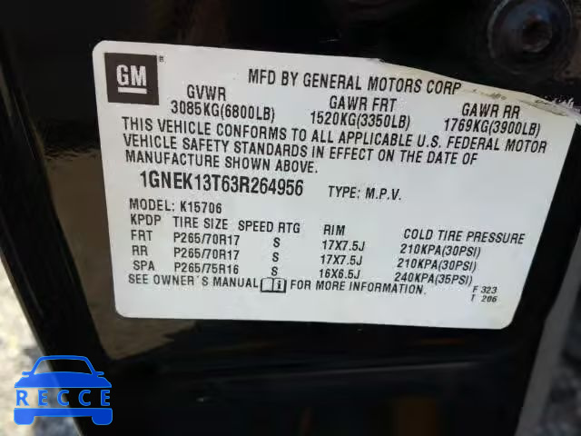 2003 CHEVROLET TAHOE 1GNEK13T63R264956 image 9