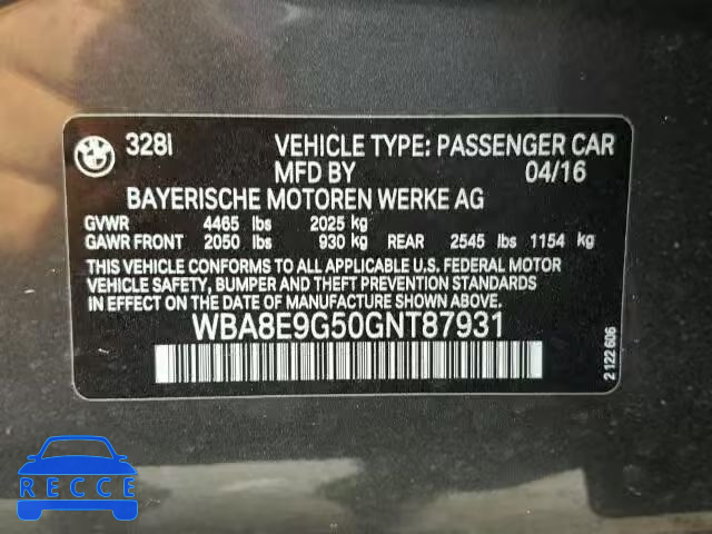 2016 BMW 328I SULEV WBA8E9G50GNT87931 зображення 9