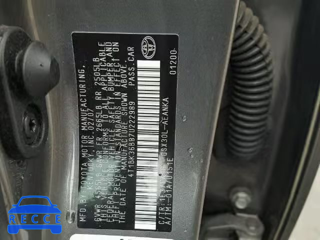 2007 TOYOTA AVALON 4T1BK36B87U222989 image 9