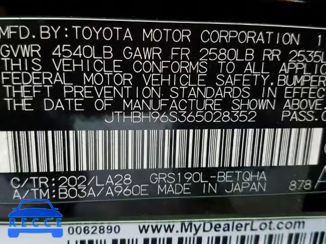 2006 LEXUS GS GENERAT JTHBH96S365028352 image 9