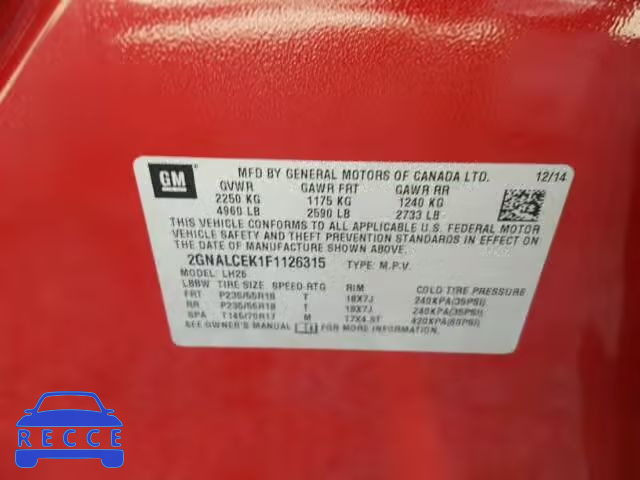 2015 CHEVROLET EQUINOX 2GNALCEK1F1126315 image 9