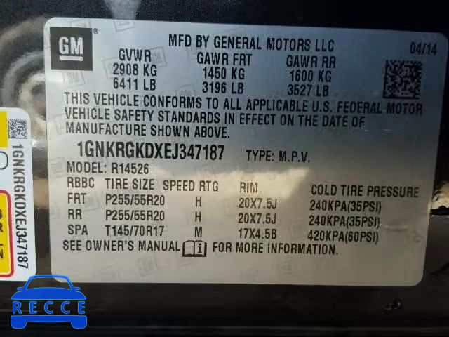 2014 CHEVROLET TRAVERSE 1GNKRGKDXEJ347187 Bild 9