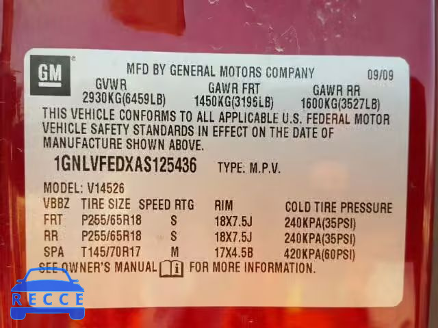 2010 CHEVROLET TRAVERSE 1GNLVFEDXAS125436 image 9