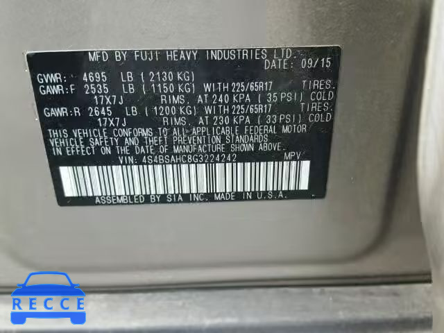 2016 SUBARU OUTBACK 4S4BSAHC8G3224242 image 9