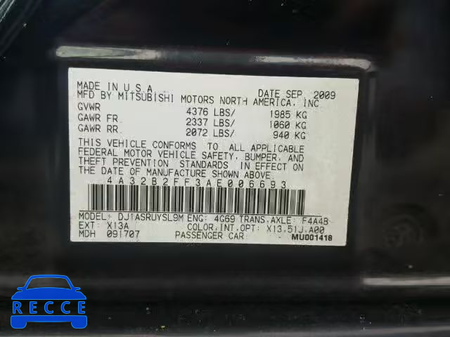 2010 MITSUBISHI GALANT 4A32B2FF3AE006693 image 9