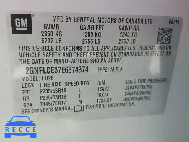 2014 CHEVROLET EQUINOX 2GNFLCE37E6374374 image 9