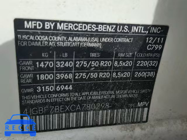 2012 MERCEDES-BENZ GL 4JGBF7BEXCA780298 зображення 9