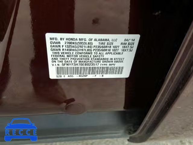 2014 HONDA PILOT EXLN 5FNYF3H70EB023517 image 9