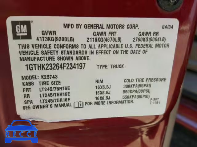 2004 GMC SIERRA 1GTHK23264F234197 image 9