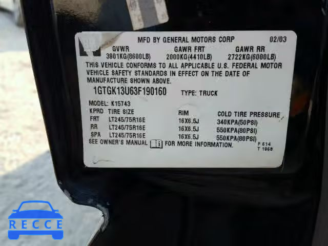 2003 GMC SIERRA 1GTGK13U63F190160 image 9