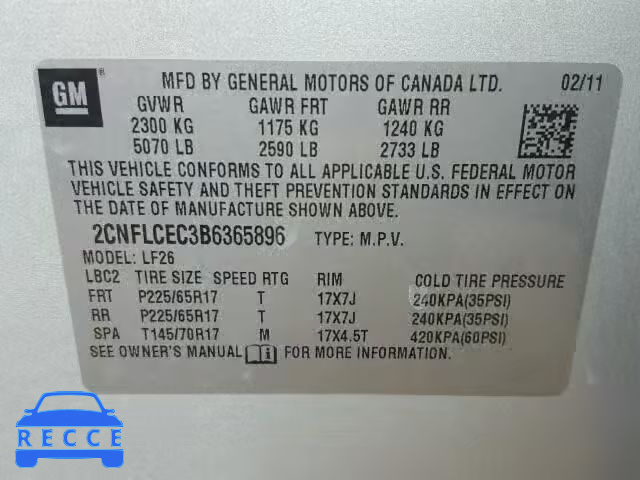 2011 CHEVROLET EQUINOX 2CNFLCEC3B6365896 image 9
