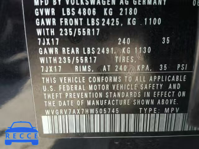 2017 VOLKSWAGEN TIGUAN WVGRV7AX7HW505745 image 9