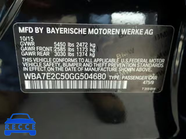 2016 BMW 740I WBA7E2C50GG504680 image 9