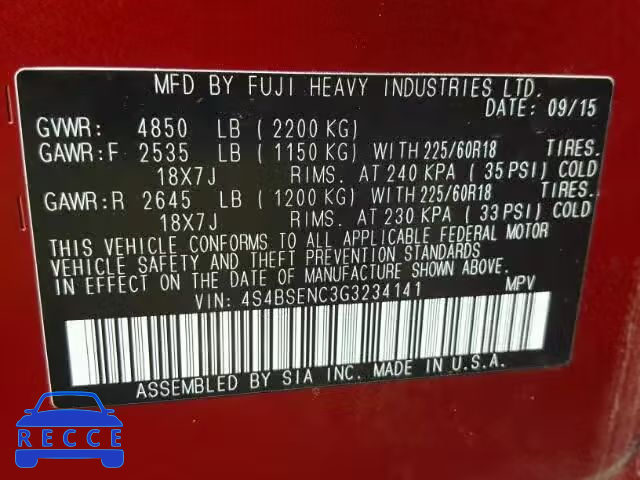 2016 SUBARU OUTBACK 3. 4S4BSENC3G3234141 Bild 9