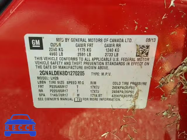 2013 CHEVROLET EQUINOX 2GNALDEK8D1270205 image 9