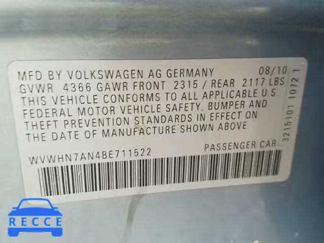 2011 VOLKSWAGEN CC WVWHN7AN4BE711522 image 9