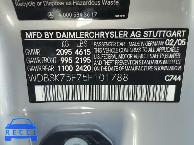 2005 MERCEDES-BENZ SL WDBSK75F75F101788 image 9