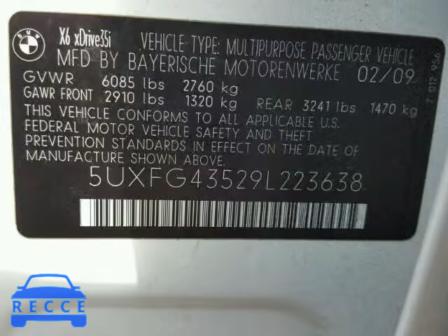 2009 BMW X6 5UXFG43529L223638 image 9