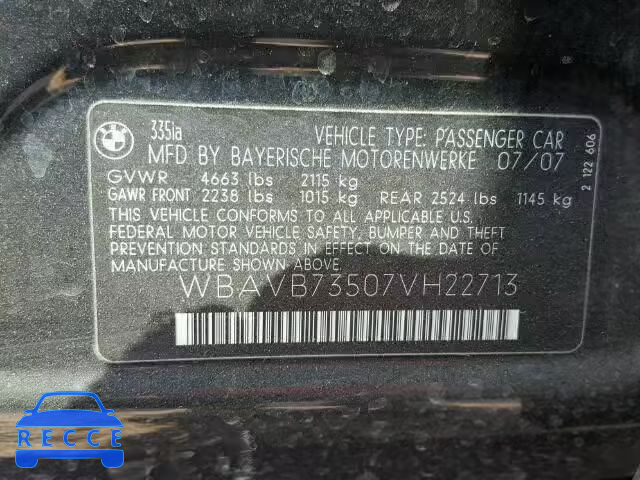 2007 BMW 335 WBAVB73507VH22713 зображення 9