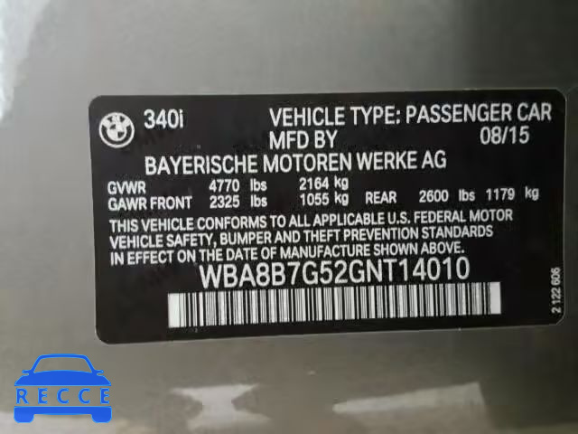2016 BMW 340XI WBA8B7G52GNT14010 зображення 9