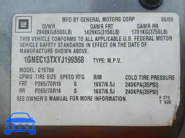 2000 CHEVROLET TAHOE 1GNEC13TXYJ199368 image 9