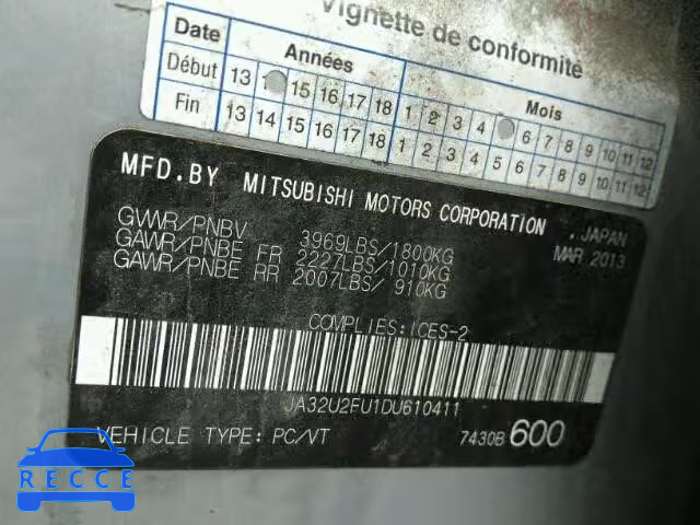 2013 MITSUBISHI LANCER JA32U2FU1DU610411 image 9