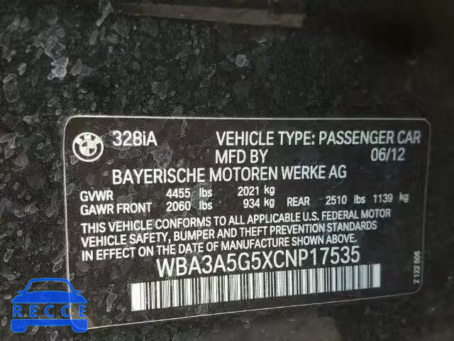 2012 BMW 328 WBA3A5G5XCNP17535 зображення 9
