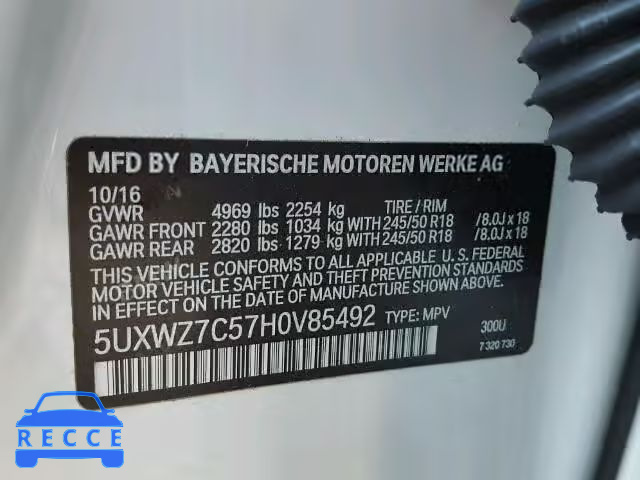 2017 BMW X3 SDRIVE2 5UXWZ7C57H0V85492 зображення 9