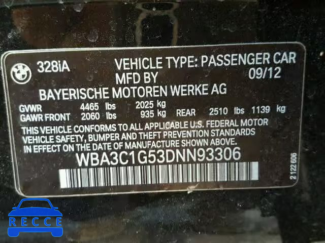 2013 BMW 328I SULEV WBA3C1G53DNN93306 зображення 9