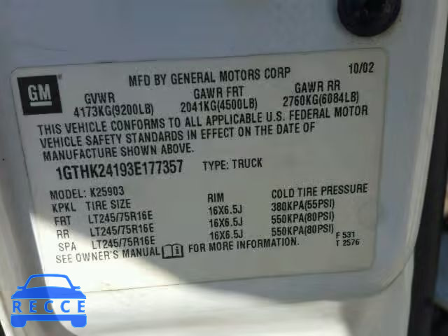 2003 GMC SIERRA 1GTHK24193E177357 image 9