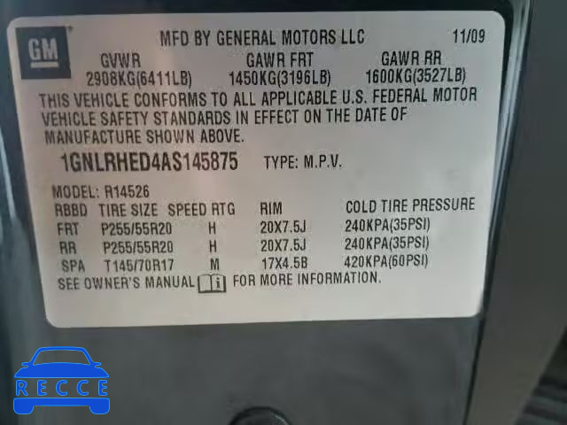 2010 CHEVROLET TRAVERSE 1GNLRHED4AS145875 Bild 9