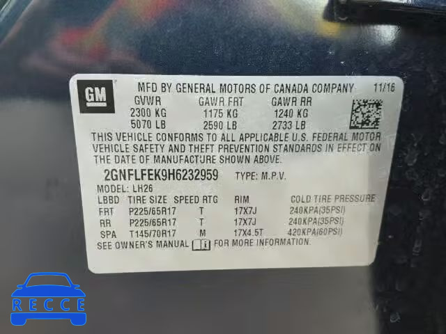 2017 CHEVROLET EQUINOX 2GNFLFEK9H6232959 Bild 9