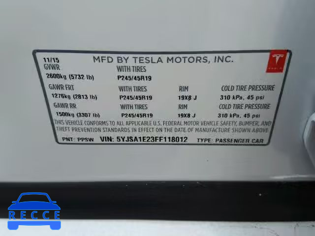 2015 TESLA MODEL S 5YJSA1E23FF118012 image 9