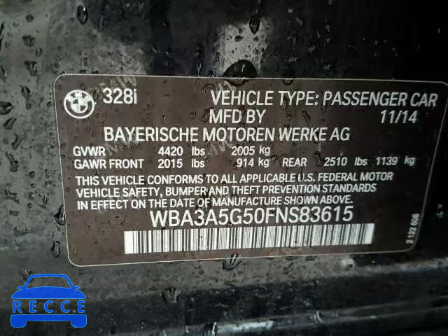 2015 BMW 328 WBA3A5G50FNS83615 зображення 9