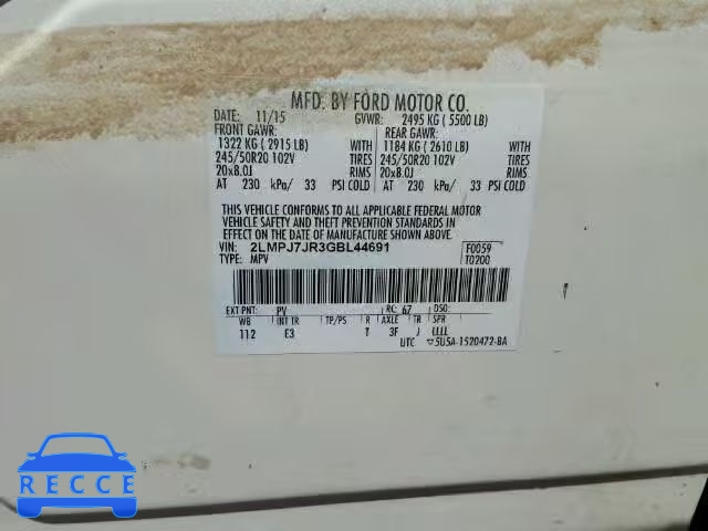 2016 LINCOLN MKX 2LMPJ7JR3GBL44691 Bild 9